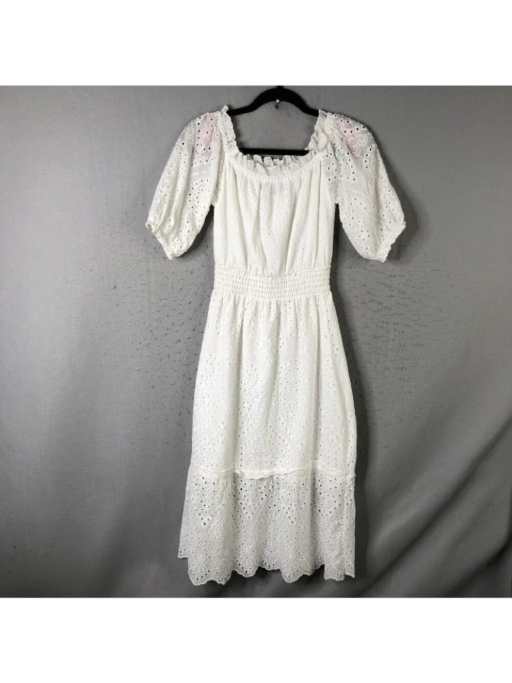 Betsey Johnson Dress Womens S White Eyelet Lace Smocked Midi Puff Sleeve Boho - Picture 2 of 16
